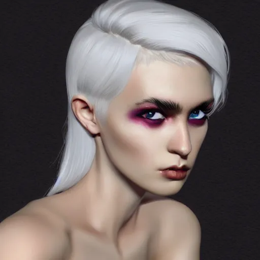 Image similar to Young woman, white hair, black eyes, pointy ears, pale skin, trending on artstation