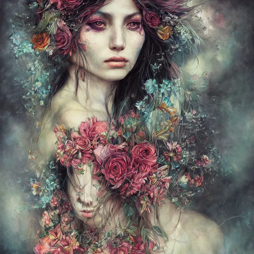 Image similar to close up portrait painting of an alternative artistic bohemian female, concept art, intricate details, aesthetically pleasing colors, art by marco mazzoni, impressionism, portrait, detailed, dark, flowers