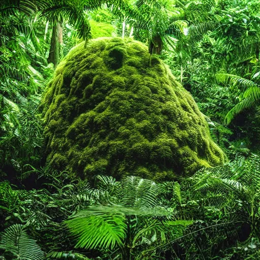 Image similar to ginormous single celled slime amoeba in a dense jungle made of giant trees and dense foliage