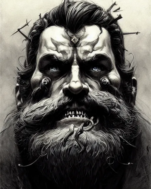 Prompt: reinhardt from overwatch, beard, character portrait, portrait, close up, concept art, intricate details, highly detailed, horror poster, horror, vintage horror art, realistic, terrifying, in the style of michael whelan, beksinski, and gustave dore