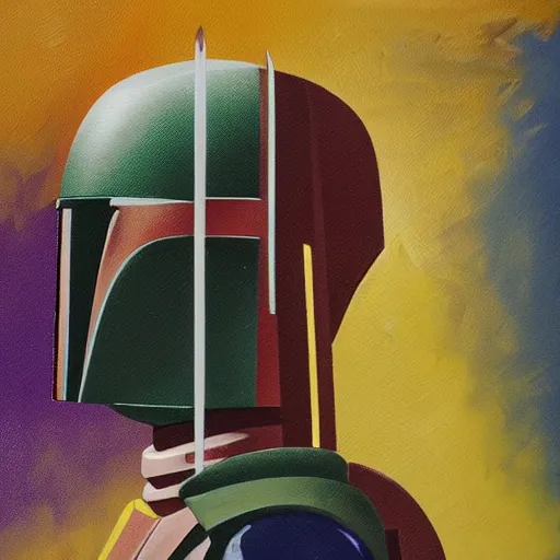 Image similar to textured art deco painting of boba fett, side profile, full body, flying from bottom left to top right, muted greens and browns, geometric, gold and deep purple background with lightning bolt