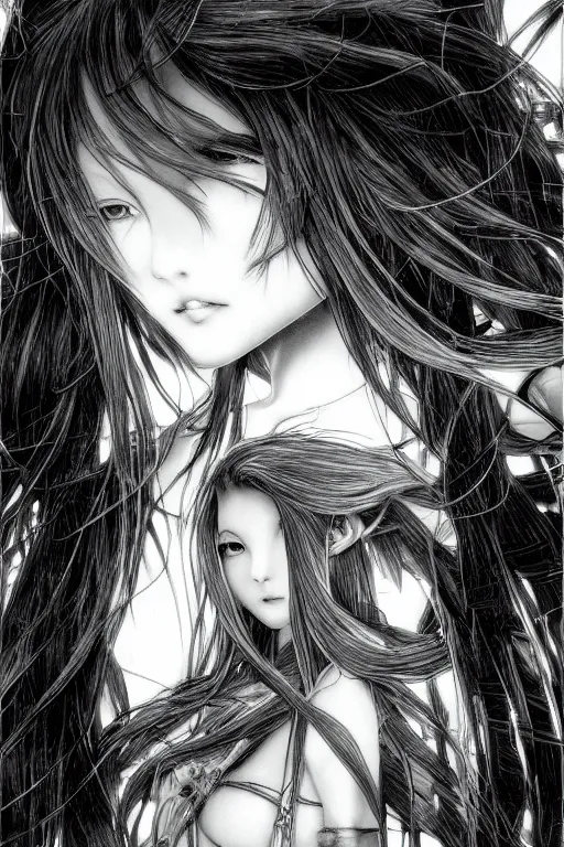 Prompt: a vertical portrait of a character in a scenic environment by Yoshitaka Amano, black and white, dreamy, (cybernetic), wavy long black hair, highly detailed