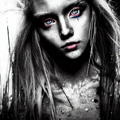 Image similar to A gorgeous blonde, grungy, unkept hair, glowing eyes, modelsociety, wet from rain, radiant skin, huge anime eyes, bright on black, studio lighting, perfect face, intricate, Sony a7R IV, symmetric balance, polarizing filter, Photolab, Lightroom, 4K, Dolby Vision, Photography Award