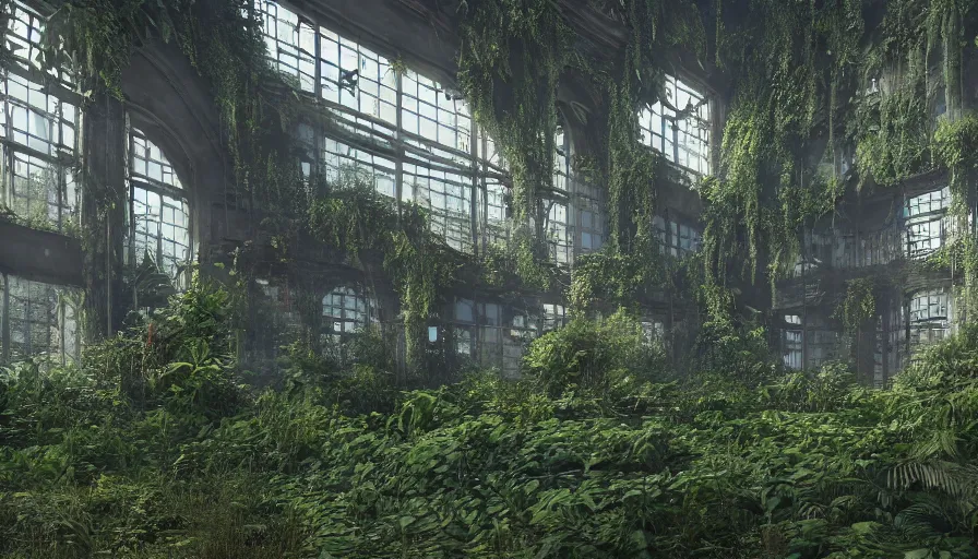 Image similar to Abandoned Building Overgrown by beautiful plants, Dystopian Slum, Hyperrealism, Hyperdetailed, Intricate Details, Anamorphic Lens, Cinematic Lighting, Volumetric Lights, Raytracing Reflections, Unreal Engine 5