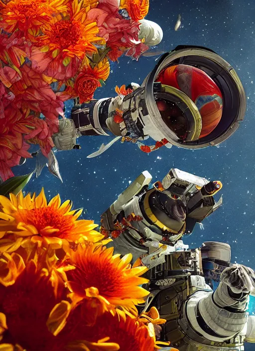 Prompt: An epic fantastic realism comic book style painting of the most beautiful flowers launched into space, bouquets, fisheye lens, unreal 5, DAZ, hyperrealistic, octane render, dynamic lighting