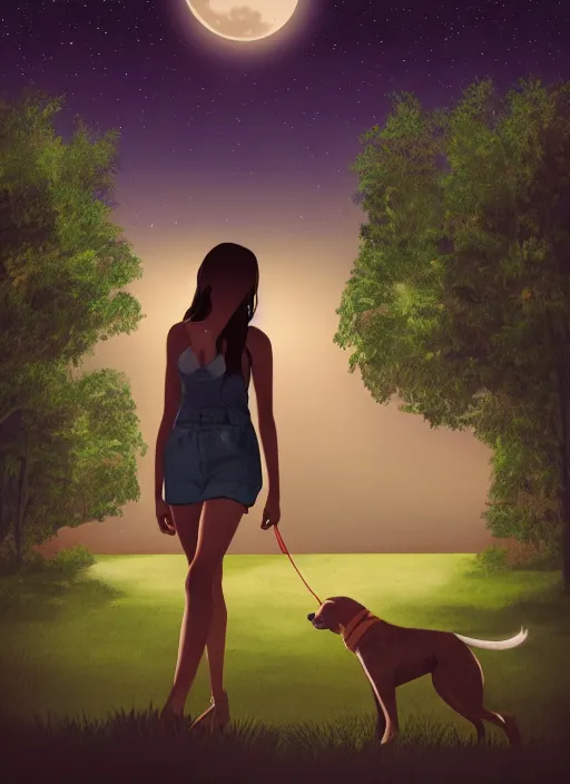 Prompt: young beautiful brown woman walking her dog in a park at night with a full moon, illustration, photoreal, fantasy