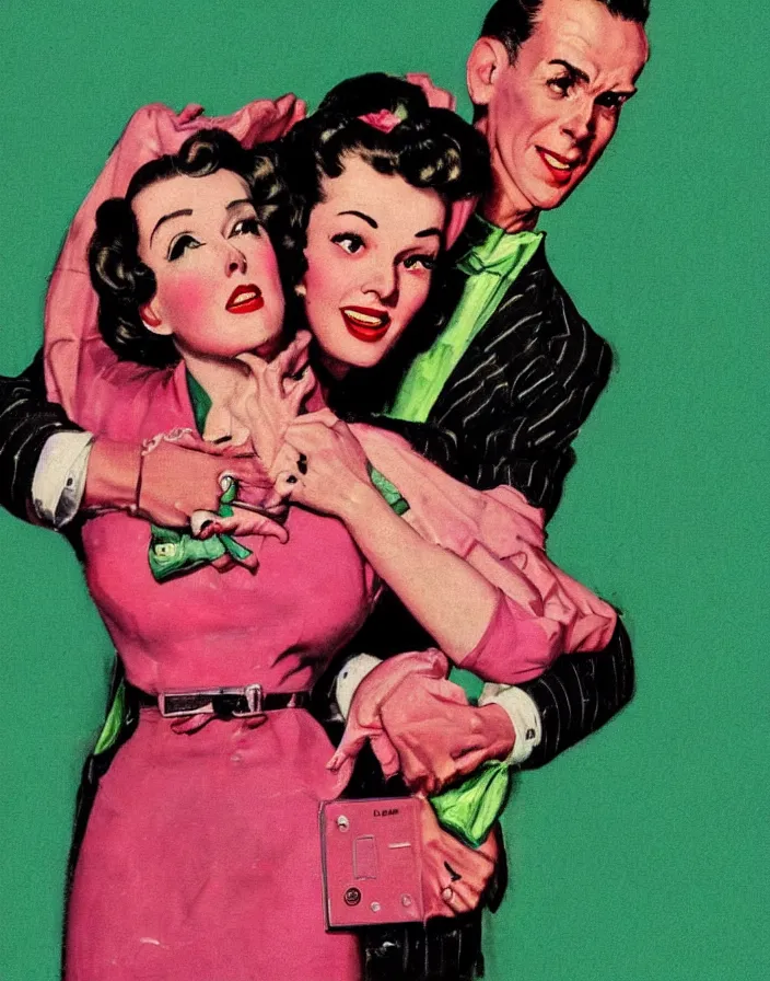 Prompt: a female housewife!!!! being hugged lovingly by a robot!!!! in a suit!!!, 1 9 5 0 s horror film movie poster style, ( norman rockwell oil painting ), close - up shot, medium shot, retro science fiction, vintage, saturated pink and green lighting, shadowy lighting