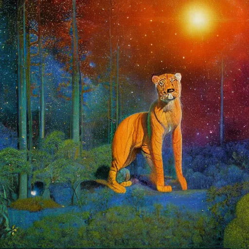 Prompt: psychedelic big cats lush pine forest, outer space, milky way, designed by arnold bocklin, jules bastien - lepage, tarsila do amaral, wayne barlowe and gustave baumann, cheval michael, trending on artstation, star, sharp focus, colorful refracted sparkles and lines, soft light, 8 k 4 k