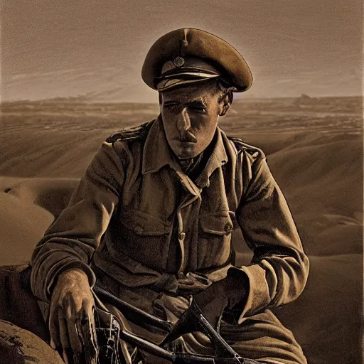 Image similar to a detailed photorealistic sepia - toned color portrait painting of a 1 9 1 7 worried clean - shaven british lieutenant in detailed field gear not wearing a hat in wadi rum, ultra realistic, painted, intricate details, lovecraft, atmospheric, dark, horror, brooding, highly detailed, by clyde caldwell