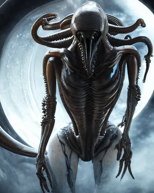 Image similar to cinematic full - body - shot still of kim kardashian being mouth fed by an xenomorph in a transparent alien liquid, wet flowing hair, gooey skin, illustration, unreal engine 5, 8 k, made by h. r. giger.