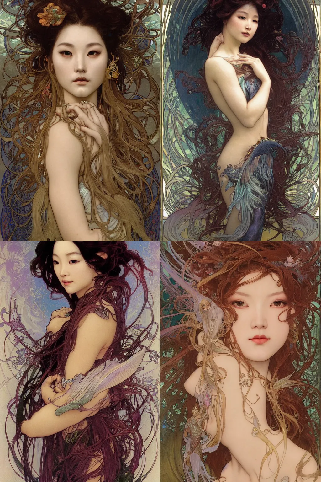 Prompt: stunning, breathtaking, awe-inspiring award-winning realistic concept art face portrait of mermaid goddess Ashley Liao, by Alphonse Mucha, Ayami Kojima, Amano, Charlie Bowater, Karol Bak, Greg Hildebrandt, Jean Delville, and Mark Brooks, Art Nouveau, Neo-Gothic, gothic, rich deep colors, cyberpunk, extremely moody lighting, glowing light and shadow, atmospheric, shadowy, cinematic, 8K