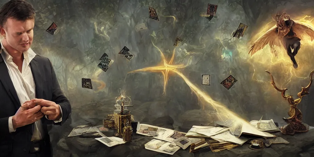 Image similar to male accountant examining the mysteries of tarot magic, cards flying everywhere, magic everywhere, matte painting, high quality