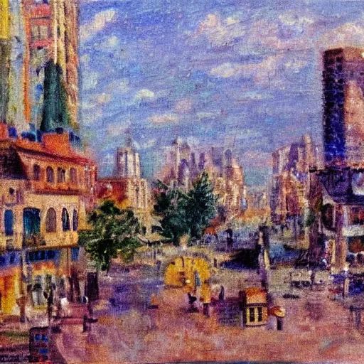Prompt: impressionist painting of a utopian stone city in the styles of Charles R. Knight