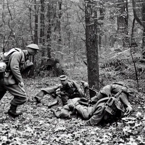 Image similar to ww 2 battlefield encounter in the woods between 2 american soldiers and a german soldier