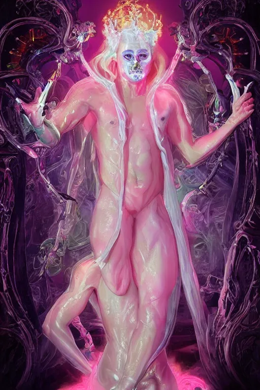 Image similar to full-body rococo and cyberpunk delicate neon crystalline sculpture of ((young muscular albino prince Jay Sean)) as an iridescent humanoid deity wearing a thin see-through ((plastic hooded cloak)) (holding a human skull) in a white castle dungeon, reclining con (((las piernas abiertas))), glowing pink face, crown of (white lasers), large diamonds, swirling black silk fabric. futuristic elements. oozing glowing liquid, full-length view. space robots. intricate artwork by caravaggio. Trending on artstation, octane render, cinematic lighting from the right, hyper realism, octane render, 8k, depth of field, 3D