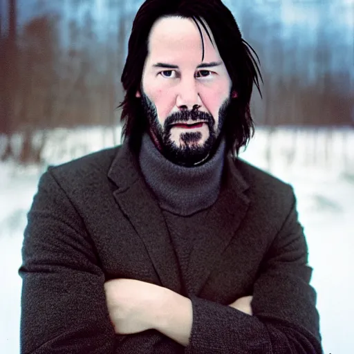 Prompt: portrait photo of keanu reeves on an extremely cold winter day with ice in his beard, by ron haviv, highly detailed, 8 0 mm, kodachrome