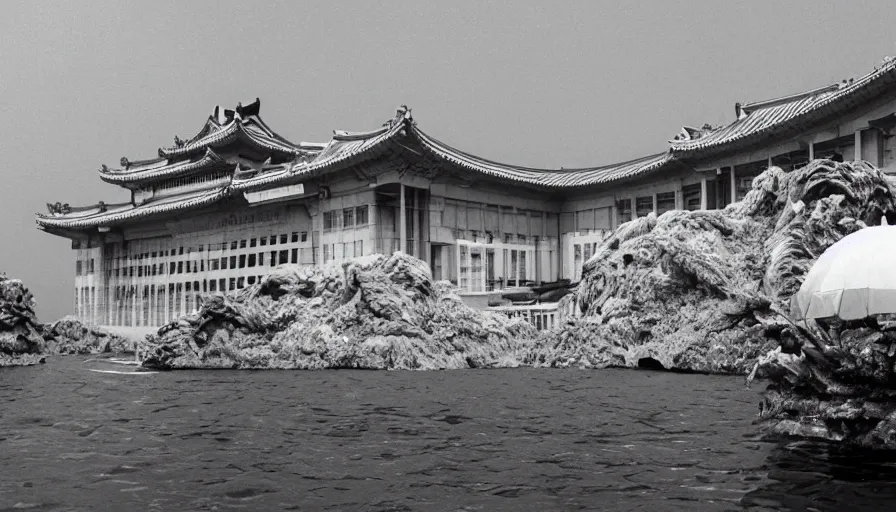 Image similar to a film still of a north korean monster movie, kaiju - eiga monster starfish - like over traditional korean palace split in half, film noir, video compression, ripple effect
