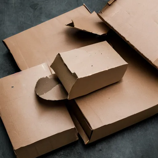 Image similar to broken and damaged cardboard box pulled apart, ripped, wrapped in fragile tape