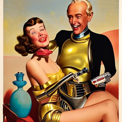 Prompt: a reclining c3po with a smiling female human face by Gil Elvgren, holding a smoking ray-gun, full body