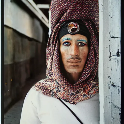 Image similar to A Moroccan cyborg, portrait, 35mm film, Taschen, by Annie Liebovitz, Noriaki Yokosuka, Tadanori Yokoo