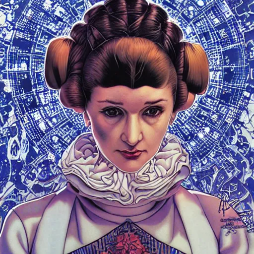 Image similar to portrait closeup of crazy princess leia, symmetrical, by yoichi hatakenaka, masamune shirow, josan gonzales and dan mumford, ayami kojima, takato yamamoto, barclay shaw, karol bak, yukito kishiro