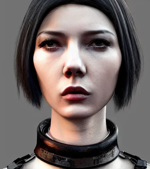 Prompt: detailed realistic female character cyberpunk wearing thick steel collar around neck, realistic, art, beautiful, 4K, collar, choker, collar around neck, punk, artstation, detailed, female, woman, choker, cyberpunk, neon, punk, collar, choker, collar around neck, thick collar, tight around neck, punk, headshot, detailed,