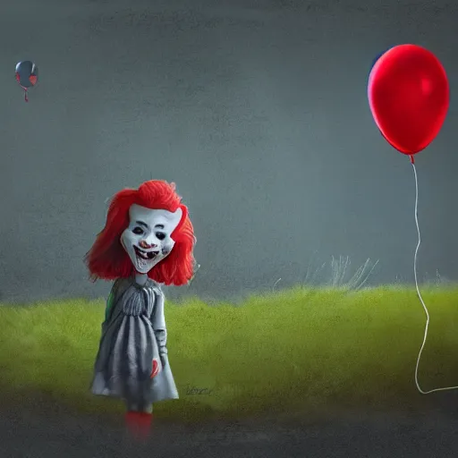 Image similar to grunge cartoon landscape sketch of bilie eilish with a wide smile and a red balloon by - michal karcz, loony toons style, pennywise style, horror theme, detailed, elegant, intricate