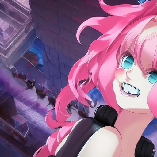 Image similar to stunningly beautiful omnipotent megalomaniacal anime goddess who looks like junko enoshima with symmetrical perfect face and porcelain skin, pink twintail hair and mesmerizing cyan eyes, looking down upon the viewer and taking control while smiling in a mischievous way, mid view from below her feet, hyperdetailed, photograph in frog's perspective, 8 k