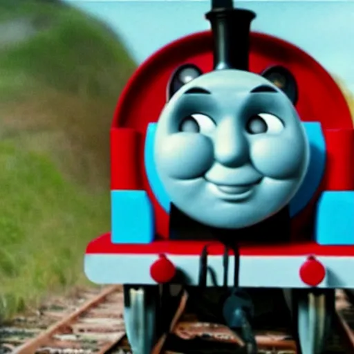 Image similar to thomas the tank engine, uncanny horror, caught on hand cam, scary