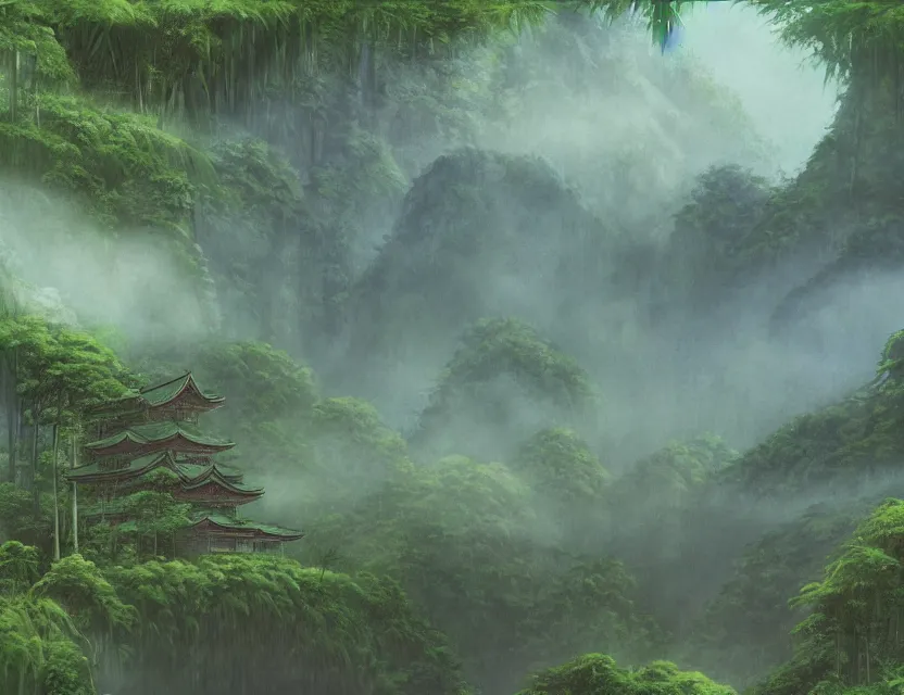 Prompt: a cinematic widescreen photo of ancient japanese temples in a misty bamboo cloud forest on a mountain by studio ghibli by roger dean, photorealistic, 7 0 mm, concept art