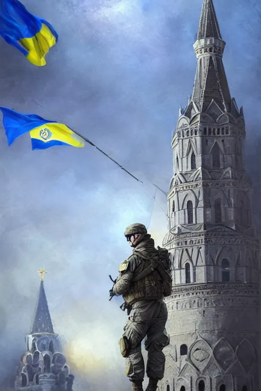 Image similar to special forces soldier raising ukrainian blue and yellow flag, kremlin st. basil cathedral in the background, masculine figure, d & d, fantasy, bright atmosphere, volumetric lights, intricate, elegant, extremely detailed, digital painting, artstation, concept art, matte, smooth, sharp focus, hyper realistic, illustration, art by artgerm and greg rutkowski and alphonse mucha