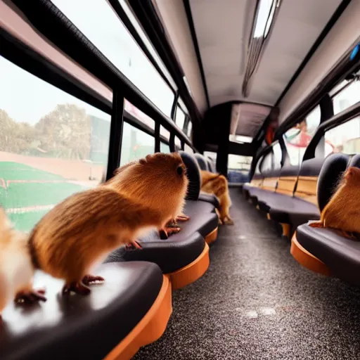 Image similar to photo of a coach bus interior, a brown hamster is sitting on a seat, various poses, unedited, soft light, sharp focus, 8 k