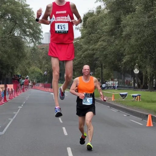 Image similar to A 3 metre tall man running marathon between normal height people