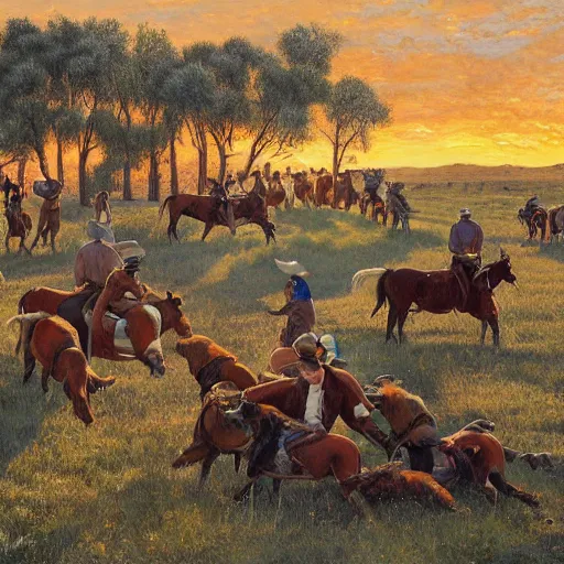 Prompt: a beautiful painting of 18 more hot hard buff wild cowboys out in the yard at Ram Ranch, hyperrealistic, golden hour, by Mark Maggiori, by Frank Tenney Johnson, by Frederic Remington, trending on artstation