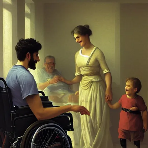 Image similar to a male patient in a wheelchair in the hospital with his wife and son standing by. happy, cheerful, smiling, intricate, face enhance, cinematic lighting, featured in artistation, 8 k, art by greg rutkowski, william adolphe bouguereau