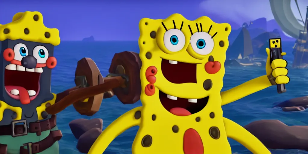 Image similar to selfie of sponge bob squarepants as a sea of thieves character, sea of thieves screenshot, storm, unreal engine, digital art