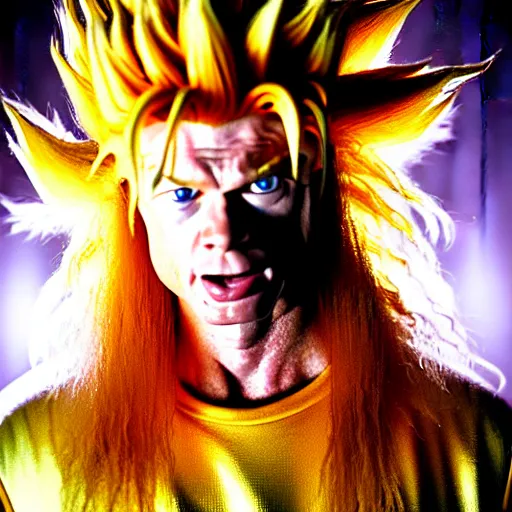 Image similar to uhd candid photo of hyperdetailed young dave mustaine as a super saiyan. correct face, intricate costume, cinematic lighting, photo by annie leibowitz, and steve mccurry.