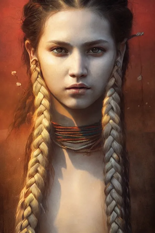 Prompt: breathtaking detailed soft painting of a young sexy native warrior girl in leather, with long braided hair and piercing eyes, ancient temple at twilight, symmetrical!! realistic features, rembrandt style, elegant, highly detailed, artstation, concept art, matte, sharp focus, art by tom bagshaw, kelogsloops and greg rutkowski