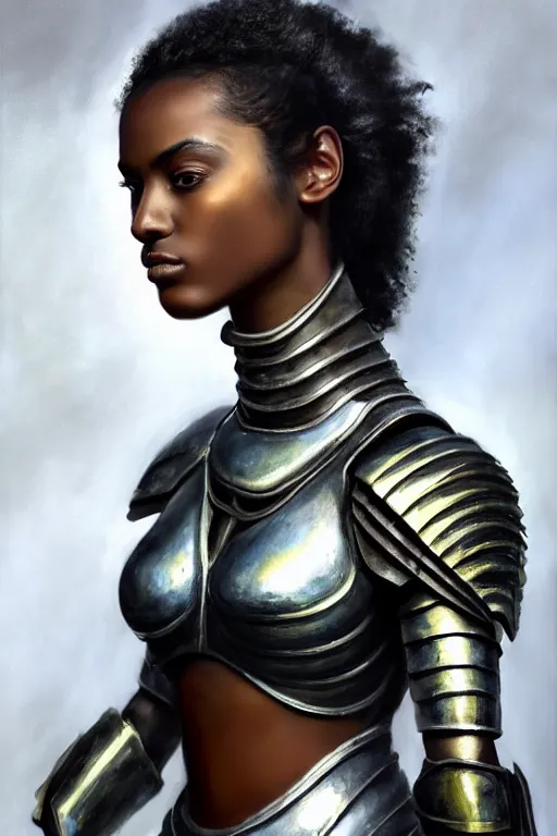 Prompt: a photorealistically painted portrait of an attractive young black girl, partially clothed in metal-plated battle armor, with an abstractly painted background, flawless olive skin, fair complexion, long dark hair, beautiful bone structure, perfectly symmetric facial features, perfect photorealistic eyes, natural physique, intricate, elegant, digital painting, concept art, finely detailed, beautifully illustrated, sharp focus, minimal artifacts, volumetric lighting, from DOOM and Halo, by Ruan Jia and Mandy Jurgens and Artgerm and William-Adolphe Bouguerea, in the style of Greg Rutkowski, trending on Artstation, award winning art