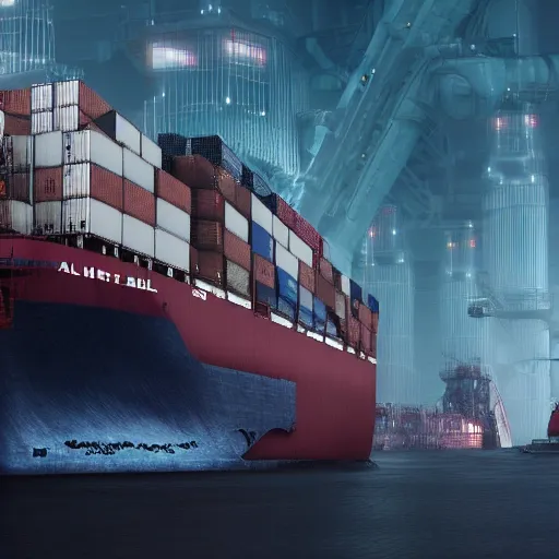 Image similar to photo of Immense industrial futuristic cargo ship arrives at cyber punk city sea port, cinematic lighting, photo