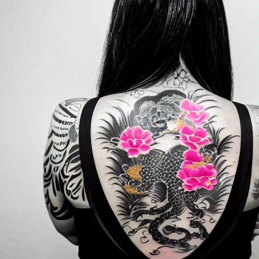 Prompt: photography of the back of a woman with a black detailed irezumi tatto representing a gold tiger with pink flowers on her entire back, dark hangar background, mid-shot, editorial photography