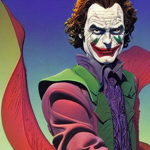 Image similar to jean giraud and moebius and don lawrence and alex ross and john romita jr, gouache and wash paints, smooth focus, sharp details, detailed details, bokeh, 4 k, fine 5 k details, fine details, fine intricate, fine facial proportionate, fine body proportionate / joaquin phoenix joker comic panel