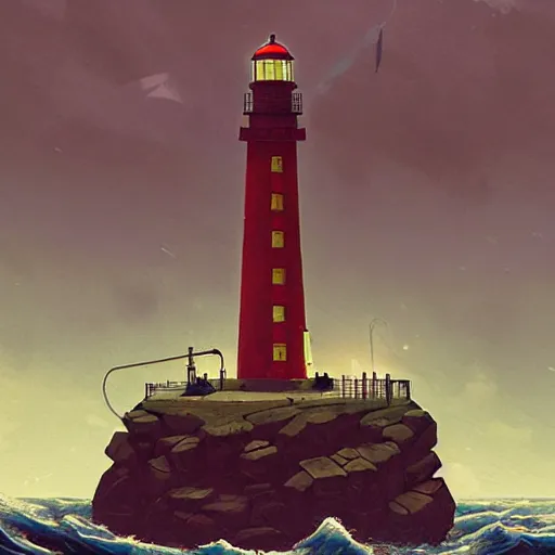 Prompt: lighthouse in a stormy sea, mechanic, robotic, abandoned, overgrown, cables, concept art by simon stalenhag