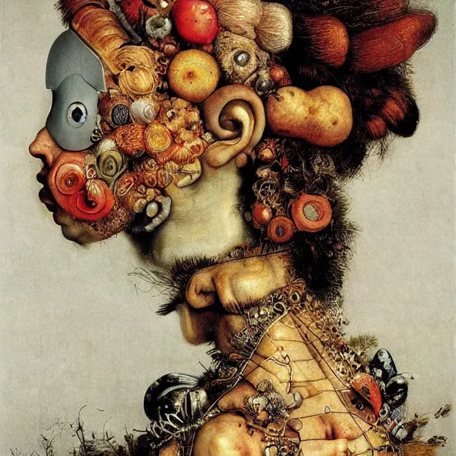 Image similar to profile portrait of a woman, by giuseppe arcimboldo, cyberpunk, futuristic, psychedelic, surreal, sci - fi, dreamlike.