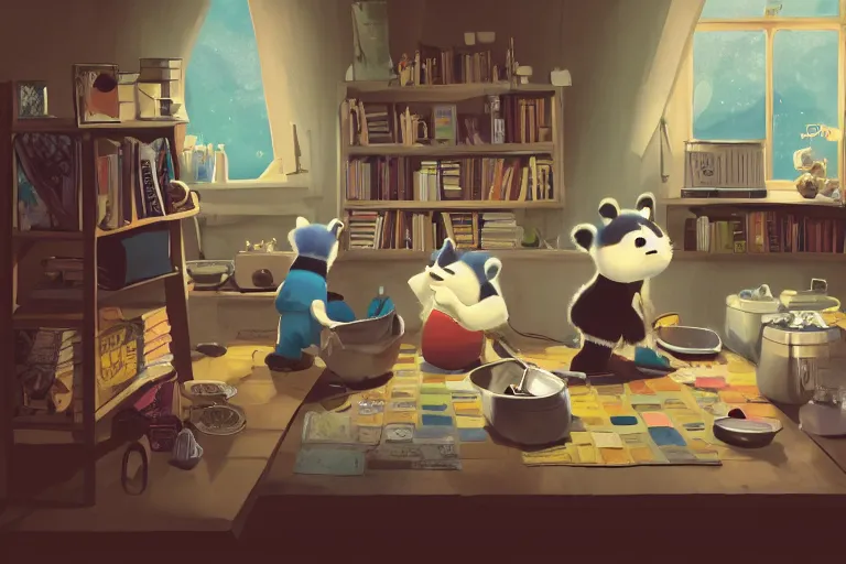 Image similar to colorkey, Daisuke Tsutsumi, Robert Kondo, cute fluffy badgers washing dishes, underground in a hovel, fish eye lens,kitchen table, comfy chairs, cosy fireplace, clutter everywhere, stack of books on side table, close up shot, Pixar and Disney animation, rug on floor by fireplace, family framed on the wall, cosy