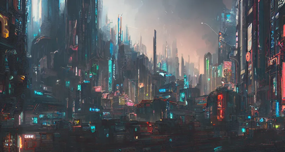 Image similar to epic digital matte paining of a cyberpunk city by Jama Jurabaev, extremely detailed, artstation