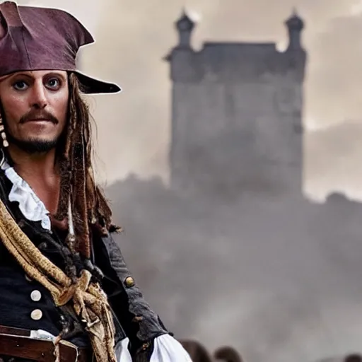 Image similar to photo of emmanuel macron in pirates of the caribbean movie, full body shot, sharp focus, award - winning