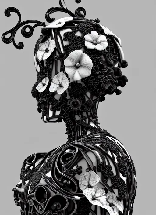 Prompt: black and white 3 d model, biomechanical female cyborg with porcelain profile face and a big floral eye, big leaves foliage and stems, morning glory flowers, hibiscus flowers, boho floral vines, sinuous fine roots, fine filigree foliage lace, alexander mcqueen, rim light, art nouveau fashion pearl embroidered, steampunk, redshift render, 8 k