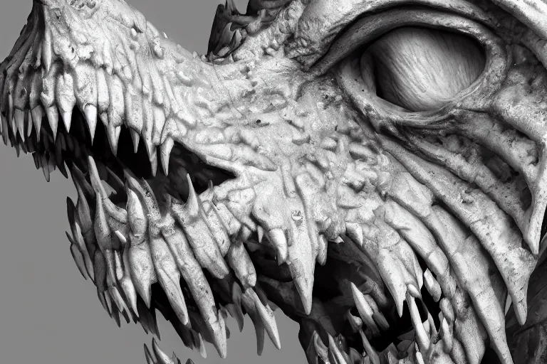 Prompt: cinematic closeup portrait of a roaring skeletal dragon, detailed textures, dramatic lighting, sand dunes, unreal engine, cgsociety, artstation, 4k