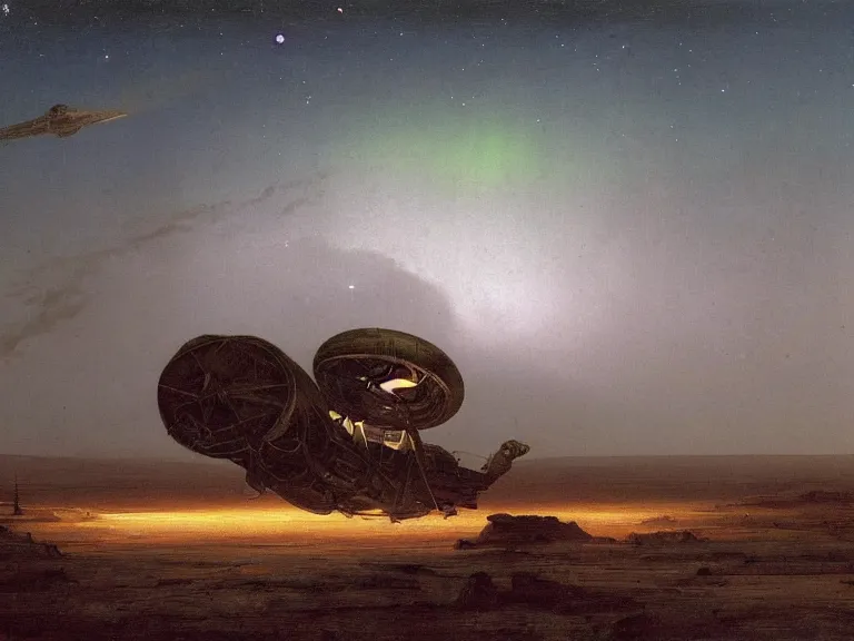 Image similar to an oil painting of an ancient spacecraft in the middle of an alien desert at dusk, aurora and stars light up the sky by beksinski carl spitzweg and tuomas korpi. baroque elements, full-length view. baroque element. intricate artwork by caravaggio. Trending on artstation. 8k